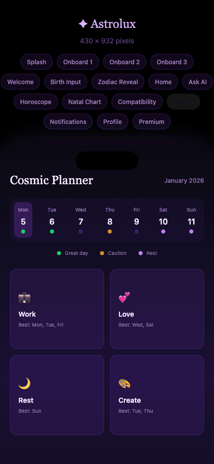 Astrolux planner screen