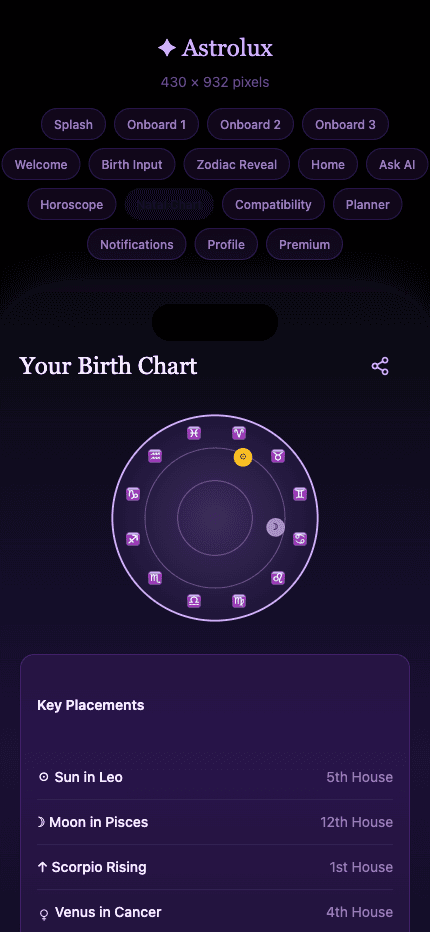 Astrolux birth chart screen