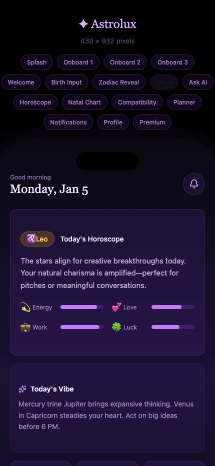 Astrolux home screen preview